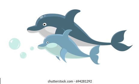 Big and small dolphins swim together isolated illustration