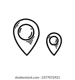 Big and small doodle location pin icons. Hand drawn sketch gps location marker. Travel navigation pointer.