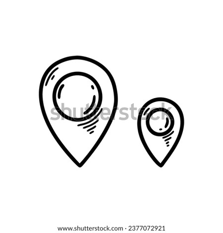 Big and small doodle location pin icons. Hand drawn sketch gps location marker. Travel navigation pointer.