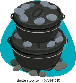 Big and small dutch oven. Round black pot with thick walls and lid with ridge for placing coal. Isolated. On blue background.