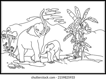 Big and small elephant stripes surrounded by mountains.