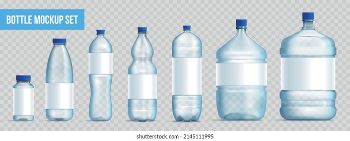 Modelación de botellas de plástico grandes y pequeñas vacías para agua o líquidos realista sobre fondo transparente ilustración vectorial aislada