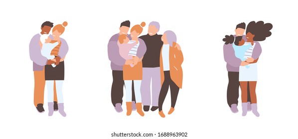 Big and small families. Father, mother, grandfather and grandmother happy with kid.  Lifestyle flat design, parenthood and relationship vector graphic illustration. 