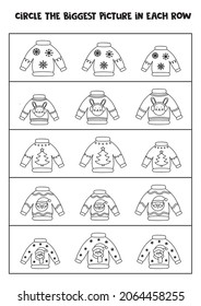 Big or small. Find the biggest Christmas sweater in each row. Black and white worksheet.