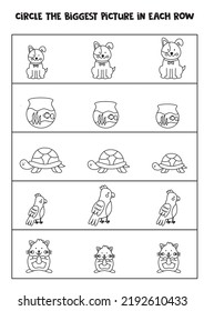 Big or small. Find the biggest pet in each row. Black and white worksheet.