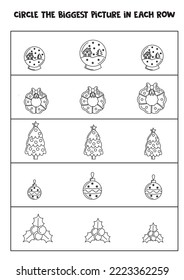 Big or small. Find the biggest winter element in each row. Black and white worksheet.