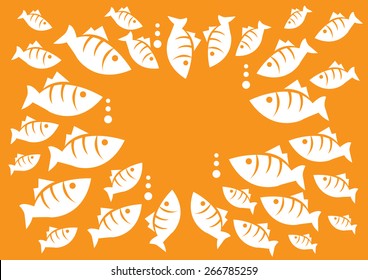 Big and small fishes come together forming a circle for emergency marine meeting. Fun concept for marine life vector cartoon illustration isolated on orange background.