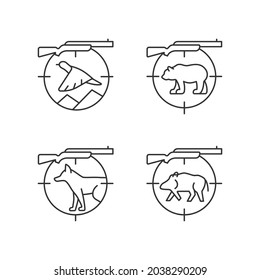 Los iconos lineales de caza grande y pequeña se establecen. Arma de caza para matar jabalíes y ciervos. Equipo de caza. Símbolos de contorno de línea delgada personalizables. Ilustraciones aisladas del contorno vectorial. Trazo editable