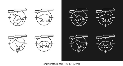 Iconos lineales de caza grandes y pequeños para el modo oscuro y luminoso. Arma de caza para matar jabalíes y ciervos. Símbolos de línea delgada personalizables. Ilustraciones aisladas del contorno vectorial. Trazo editable