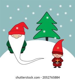 Big and small gnome. Santa's helpers. Leprechaun with a Christmas tree. blue background with snowflakes.