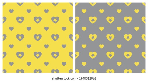 Big and small heart star shape pattern, seamless background. Color trend 2021 yellow and gray. Textured for fabric, tile, cover, poster, flyer, magazine, packaging, wall. Vector illustration.