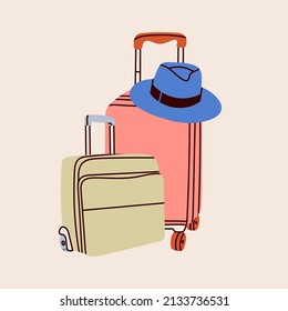 Big and small luggage bags, suitcases, baggage, travel bags. Vacation, travel, holiday concept. Hand drawn trendy Vector illustration. Cartoon style. Flat design