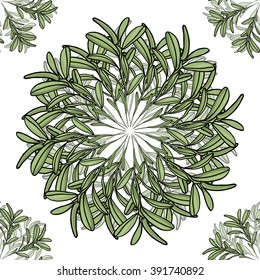 Big and small olive branch mandala in white background, vector seamless pattern. Olive branch, green leaves in circles, big and small, seamless textile, print, backdrop design