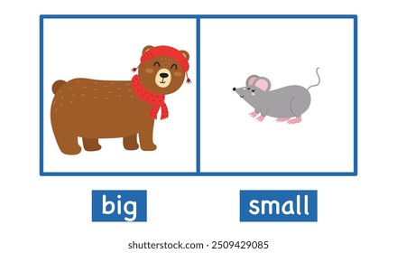 Grandes e pequenos flashcards de adjetivos opostos. Cartaz educacional com urso e rato para a escola e pré-escola. Página de atividade para crianças. Ilustração vetorial