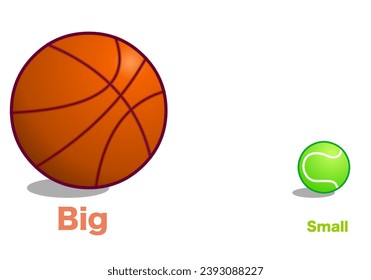 Big small, opposites. Tennis, basketball ball. English words lesson, School worksheet kids adjectives. Team and individual sports. Language education. Illustration vector