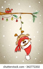 big and small owls on spruce branch with electrical garland, little owl sitting on a branch, large owl hanging upside down on a string of Christmas lights, vector illustration