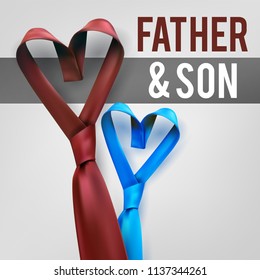 Big and small photorealustic satin necktie. Heart shaped tie to show father and son love, style, fashion, business, respect