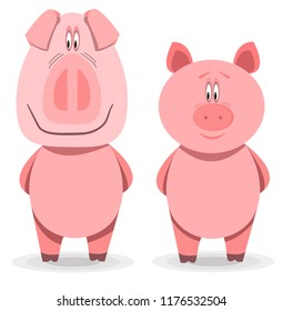 big and small pig, set, cartoon characters, two cute boars, New Year's hero