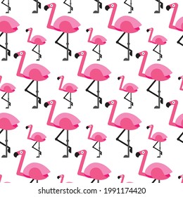 Big and small pink flamingo vector pattern over plain white background. Seamless texture for summer and beach.