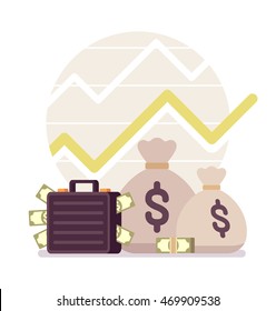 Big and small sack and case full of money, positive chart. Cartoon vector flat-style concept illustration svg