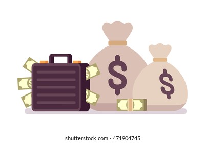 Big and small sack and case full of money. Cartoon vector flat-style illustration svg