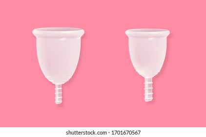 Große und kleine Menstruationsbecher auf rosafarbenem Hintergrund. Vektorillustration
