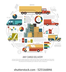 Big and small trucks delivering cargo of any size flat vector illustration
