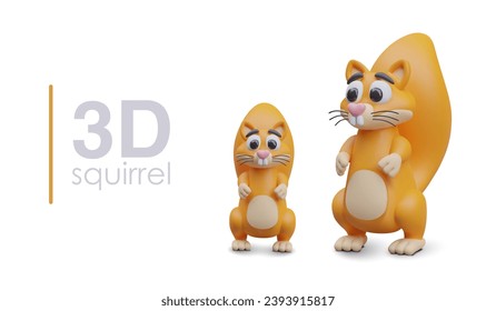 Big and small vector squirrel, front and side view. Bushy forest rodent with fluffy tail. Cute vector creature. Set of 3D illustrations. Isolated characters in plasticine style