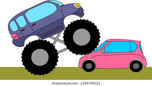 Big, small wheels, cogwheel. Monster track on pink car. Momentum, torque. Actual leverages. Physics, race illustration vector.