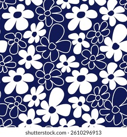 Big and small white flowers on dark blue background. Silhouettes and contours of primitive abstract flowers. Fashionable simple floral print for summer fabric, cover, banner, wallpaper