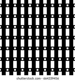 Big and small white quadrangles repetition on black background. Seamless surface pattern design with squares and rectangles ornament. Polygons wallpaper. Dashed and dotted lines motif. Digital paper.