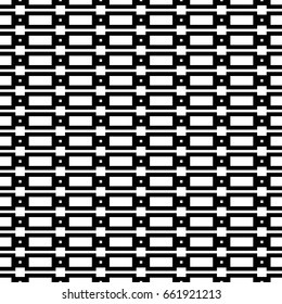 Big and small white quadrangles and stripes on black background. Seamless surface pattern design with squares and rectangles ornament. Polygons wallpaper. Symmetric geometric motif. Digital paper art.