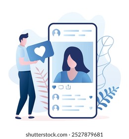Smartphone grande con un avatar femenino, seguidor masculino da como. Concepto de comunicación en red social. Citas en línea, hablar. Ilustración vectorial de estilo de moda