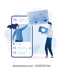 Gran smartphone y personaje femenino con foto, seguidor masculino da me gusta. Concepto de comunicación en red social. Ilustración vectorial de estilo de moda