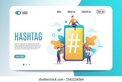 Big smartphone with hashtag sign, small people and social networks. Vector illustration. Colorful flat style