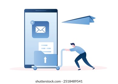 Big smartphone with mail application and man rolls the cart with document and paper plane flying. Email, marketing or message services, delivery background concept, trendy style vector illustration