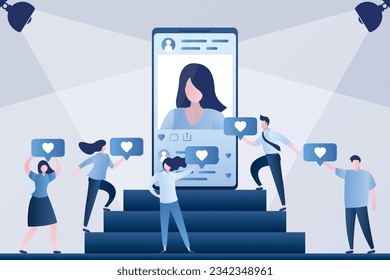 Big smartphone on podium. Female account with avatar on screen, people followers gives like and hearts. Social network communication concept. Rank and ratings from social media. vector illustration