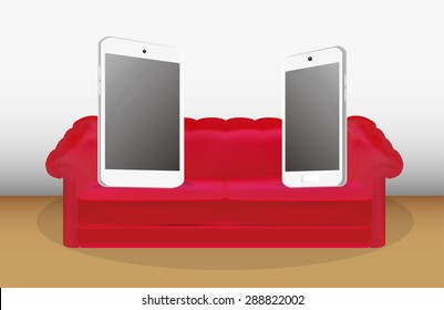big smartphone and tablet on a red sofa