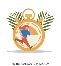 Big smartwatch and running woman on white background