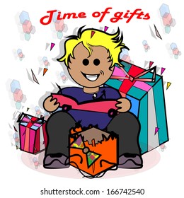 big smile boy is surprised by his gift shopping