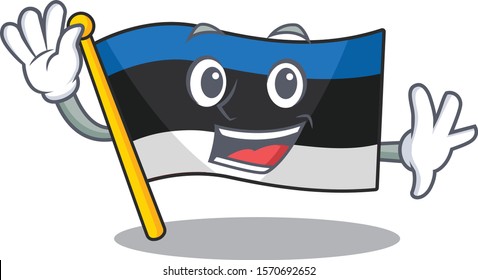 Big smile flag estonia Waving hands cartoon character