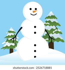 Big Smile White Snowman with Twig Hand Down on Blue Background with Two Pine Trees