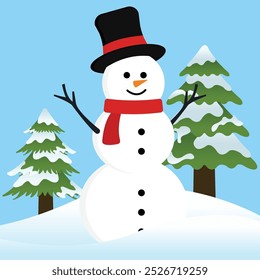 Big Smile White Snowman with Twig Hand Up Wearing Black Red Hat and Red Scarf Winter on Blue Background with Two Pine Trees