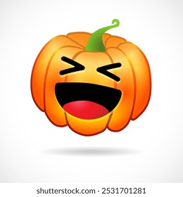 Big smiling 3D pumpkin emoji positive symbol. Vector cartoon pumpkin face, expression icon on white background