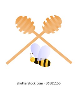 Big smiling bee sitting under two crossed honey dippers isolated on the white background