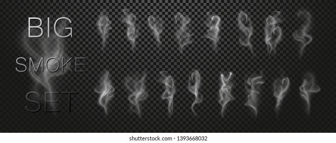 Big smoke vector set collection isolated on transparent background. Realistic white grey steam waves from tea, fire, cigarettes. Decorative vapor air nature effect. Vector illustration. EPS 10.