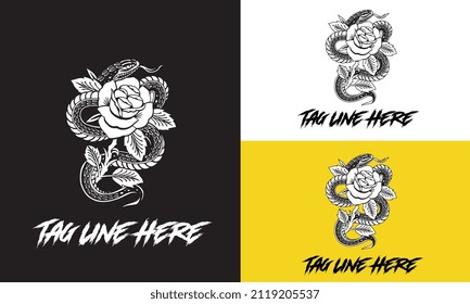 big snake with rose flower vector black and white design