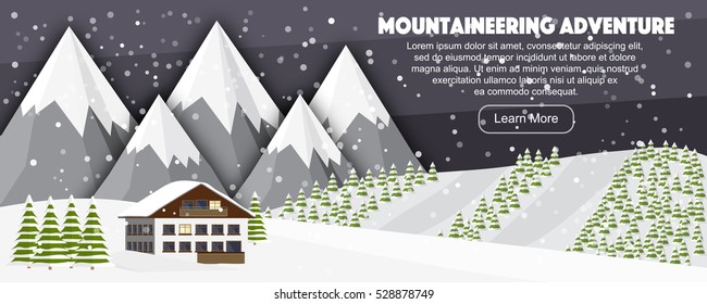 Big snow mountains Alps vector wide background. Flat cute cartoon winter landscape with house, fir trees, hills under snowfall. Night mountains, winter scene.