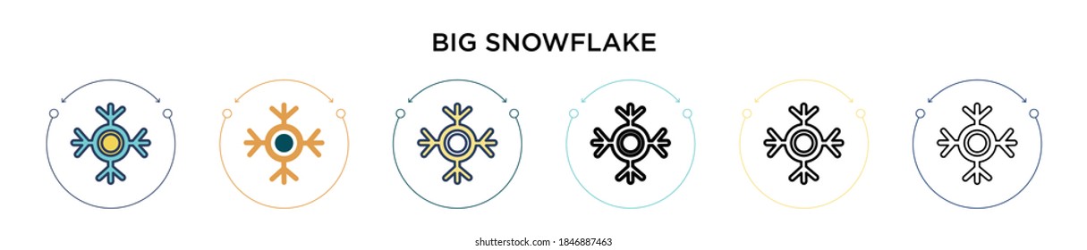 Big snowflake icon in filled, thin line, outline and stroke style. Vector illustration of two colored and black big snowflake vector icons designs can be used for mobile, ui, web