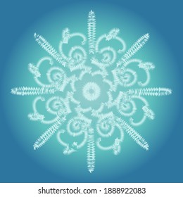 Un gran copo de nieve. Escarcha en la ventana. Decoración de invierno luminosa en un degradado azul.